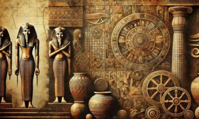 Depiction of diverse ancient artz, showcasing sculptures, pottery, and wall paintings from various ancient civilizations.