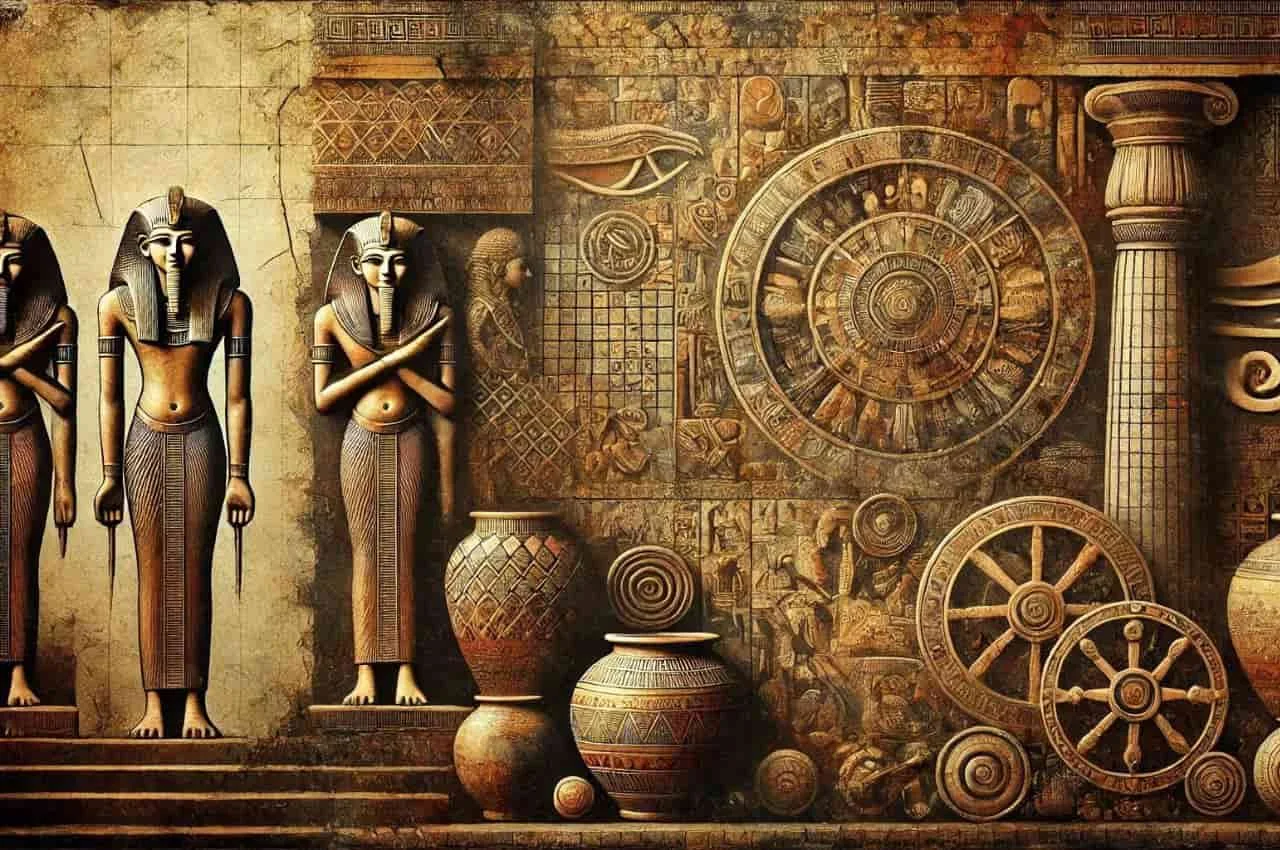 Depiction of diverse ancient artz, showcasing sculptures, pottery, and wall paintings from various ancient civilizations.