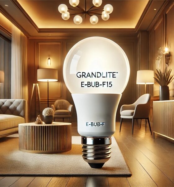 A sleek Grandlite E-BUB-F15 bulb emitting a soft glow, mounted in a modern lighting fixture within a stylish room.