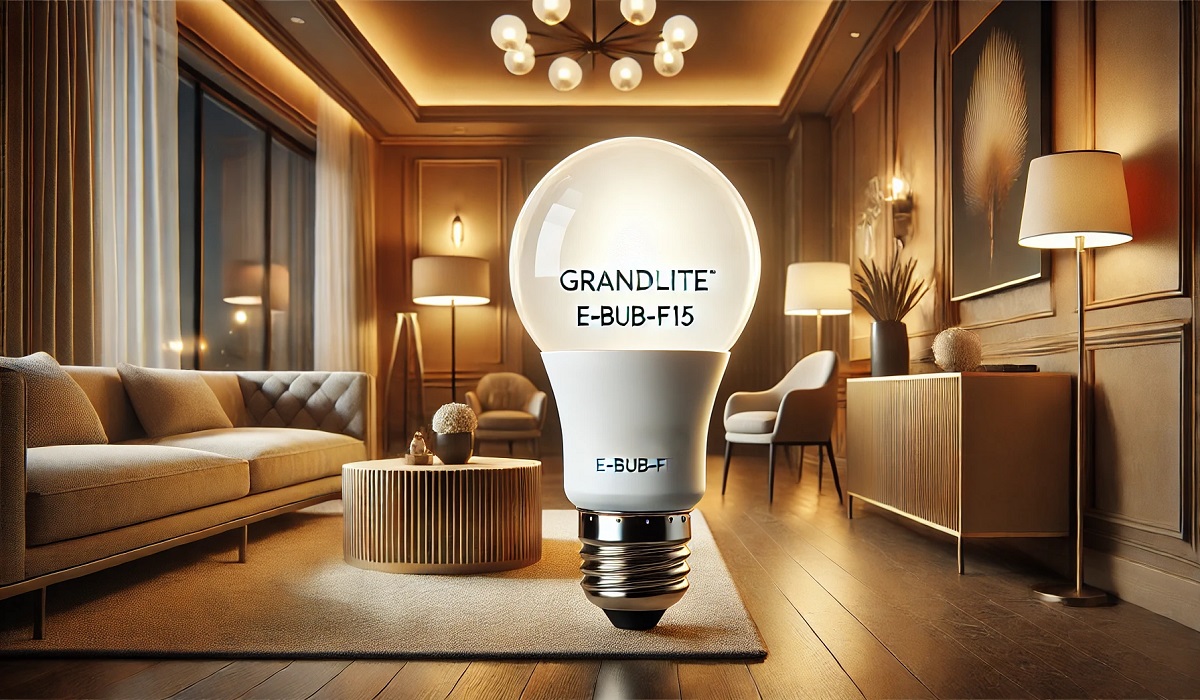 A sleek Grandlite E-BUB-F15 bulb emitting a soft glow, mounted in a modern lighting fixture within a stylish room.