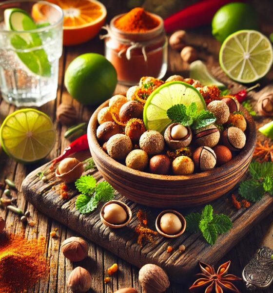 A bowl of zesty ziggernut with vibrant spices and herbs, surrounded by fresh ingredients on a rustic wooden table.