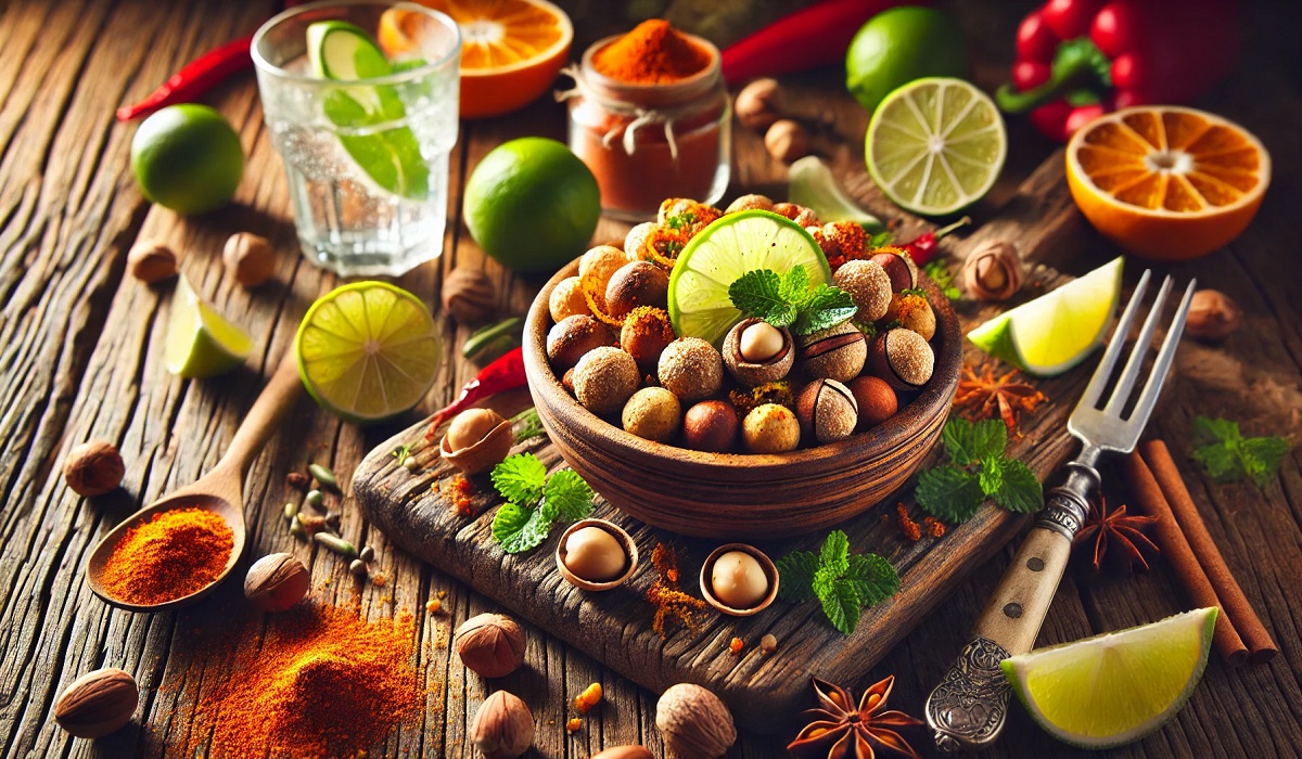 A bowl of zesty ziggernut with vibrant spices and herbs, surrounded by fresh ingredients on a rustic wooden table.